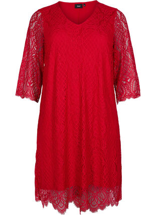 Koronkowa sukienka z rekawem 3/4, Tango Red, Packshot image number 0