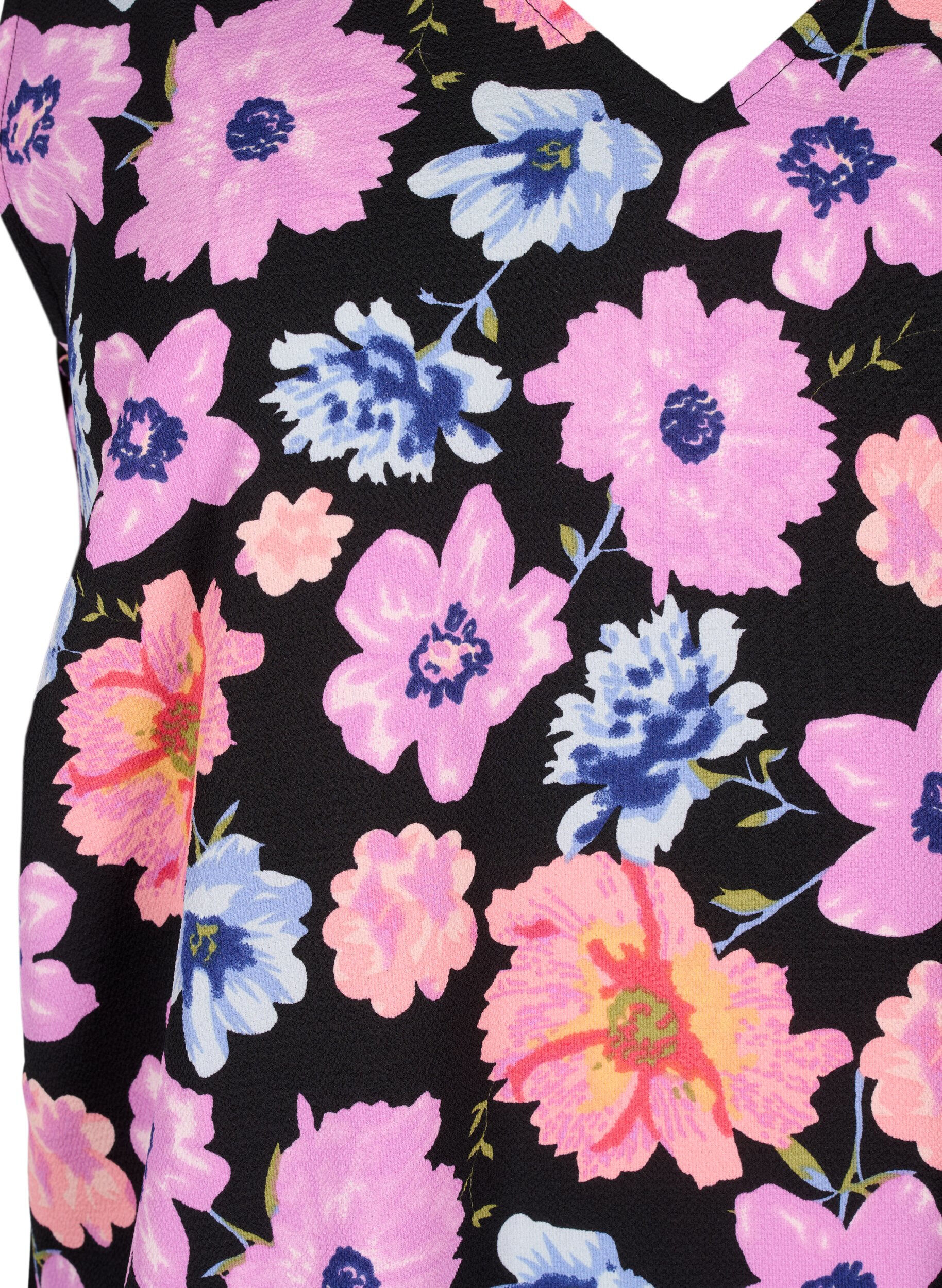 Zizzi Top w kwiaty z dekoltem w serek, Black Big Flower AOP, Packshot image number 2