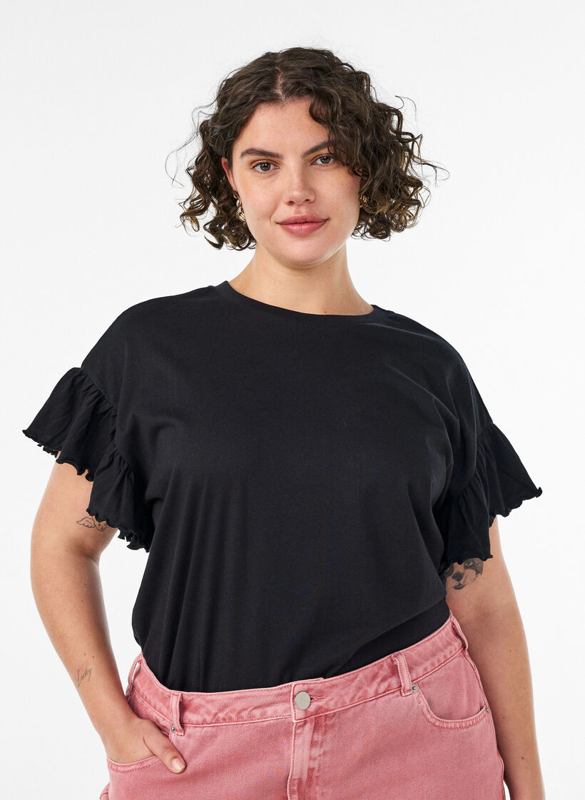 T-shirt z bawelny organicznej z bufiastymi rekawami, Czarne, Model image number 0