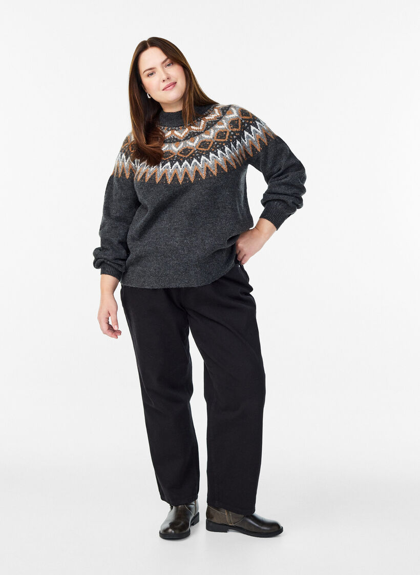 Bluzka dzianinowa ze wzorem i wysokim kolnierzykiem, Ciemnoszary, Model image number 1