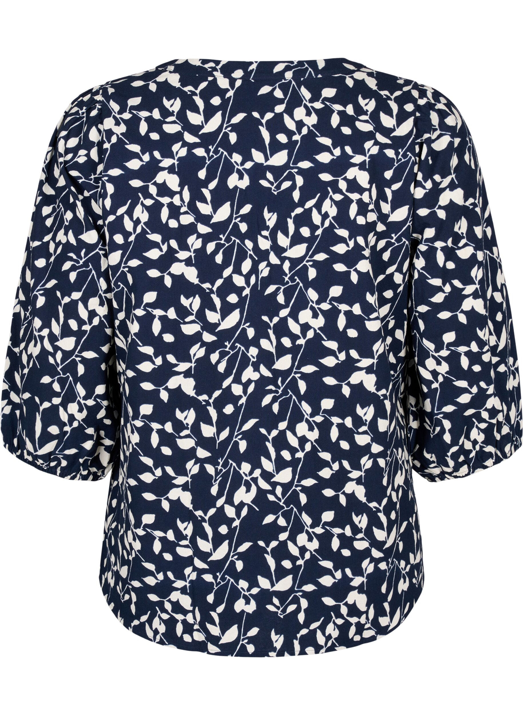 Zizzi Bawelniana bluzka z rekawem 3/4 i nadrukiem, Navy Blazer Leaf, Packshot image number 1