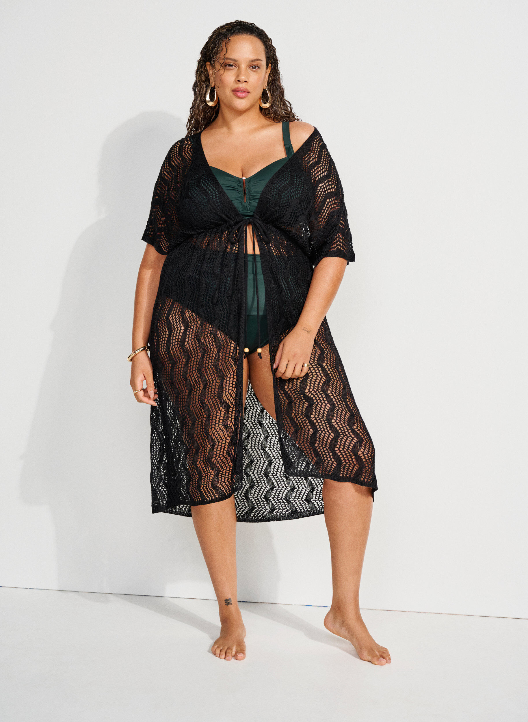 Zizzi Kimono plazowe z wiazanym paskiem, Czarne, Image image number 0