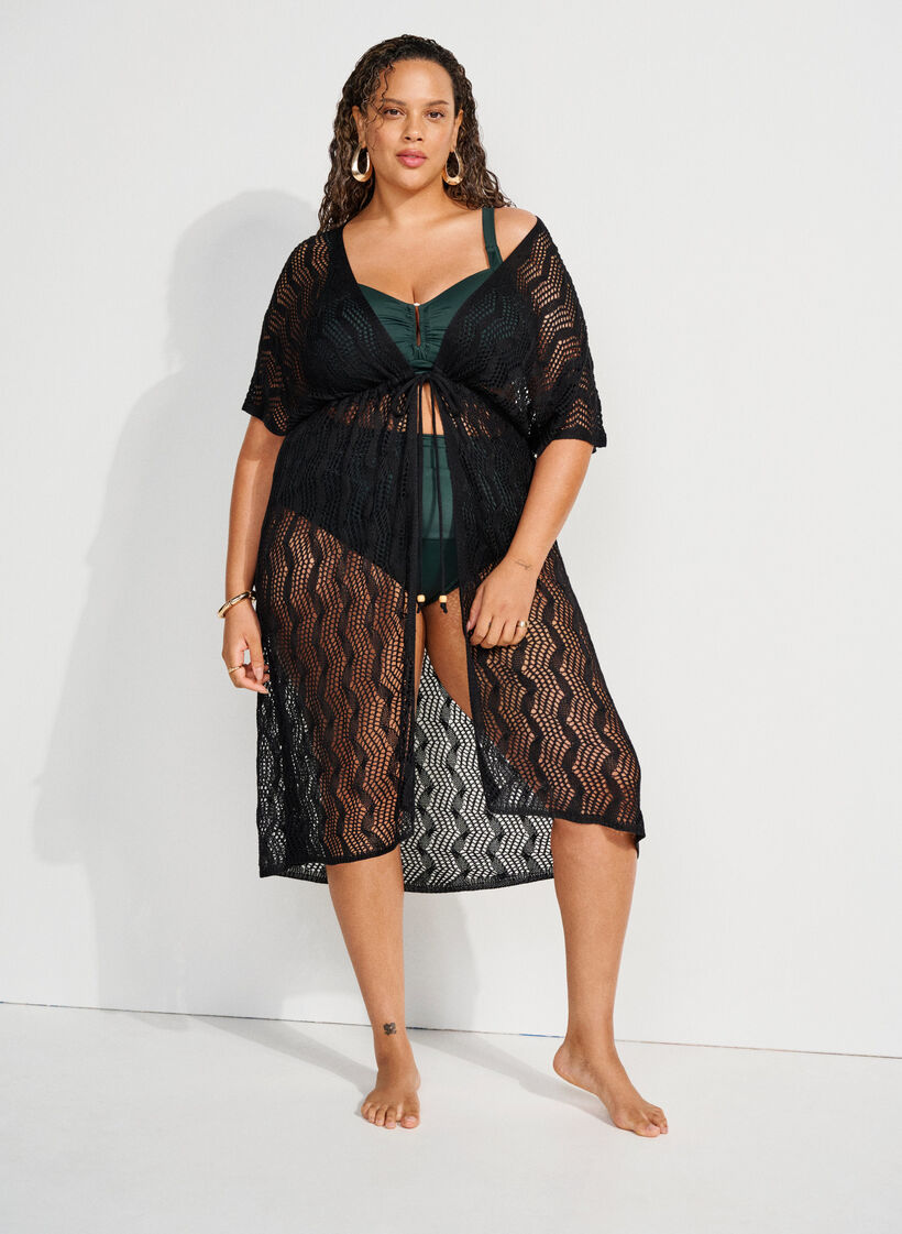 Kimono plazowe z wiazanym paskiem, Czarne, Image image number 0