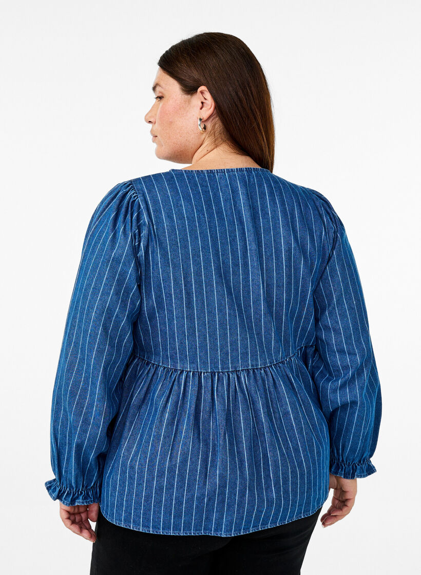 Dzinsowa bluzka w paski z wiazaniem z przodu, Niebieskie, Model image number 2