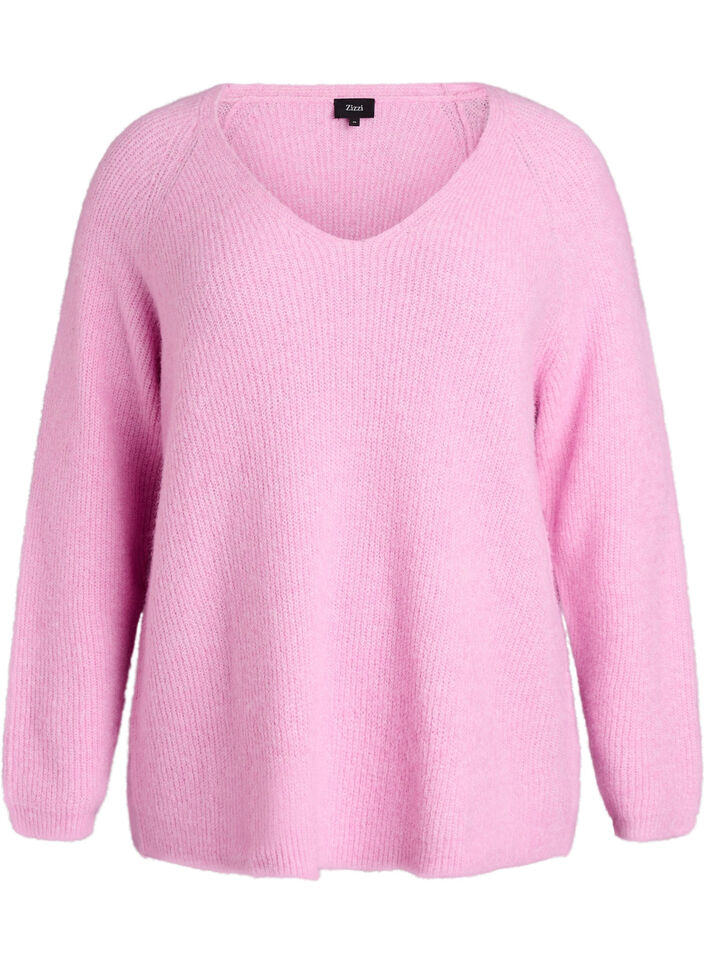 Dzianinowa bluzka z dekoltem w ksztalcie litery V i reglanowymi rekawami, Różowy, Packshot image number 0