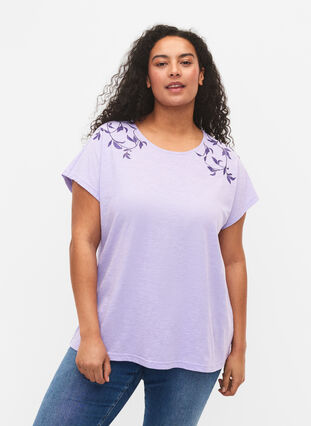 Bawelniana koszulka z nadrukiem lisci, Lavender C Leaf, Model image number 0