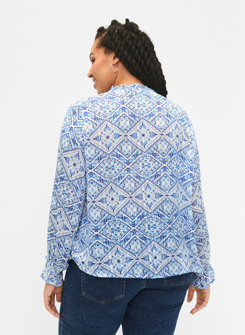 Bluzka z dlugim rekawem, falbankami i nadrukiem, Beżowy, Model image number 2