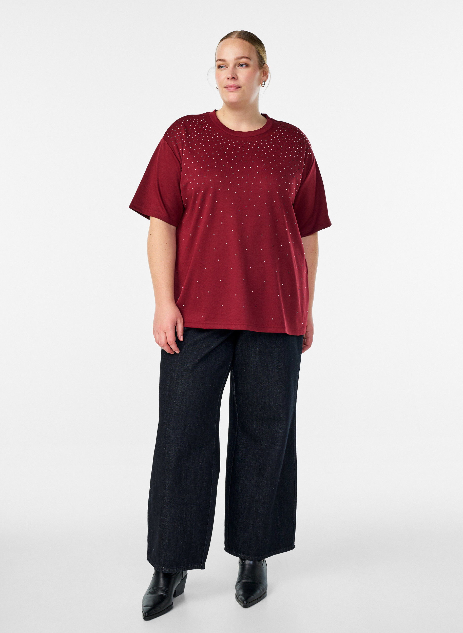 ZizziT-shirt z krysztalkami i okraglym dekoltem, Ciemnobordowy, Model image number 1