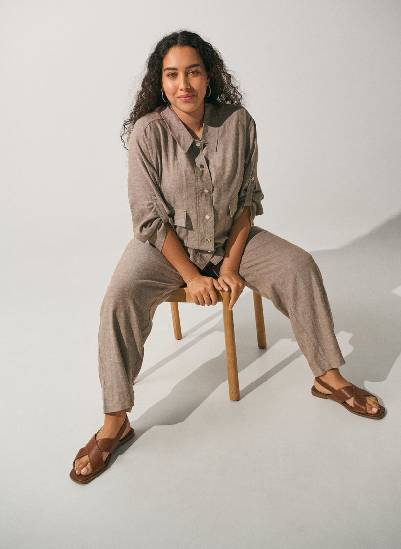 Bluzka z lnu i wiskozy z regulowana talia, Brązowy, Image image number 0