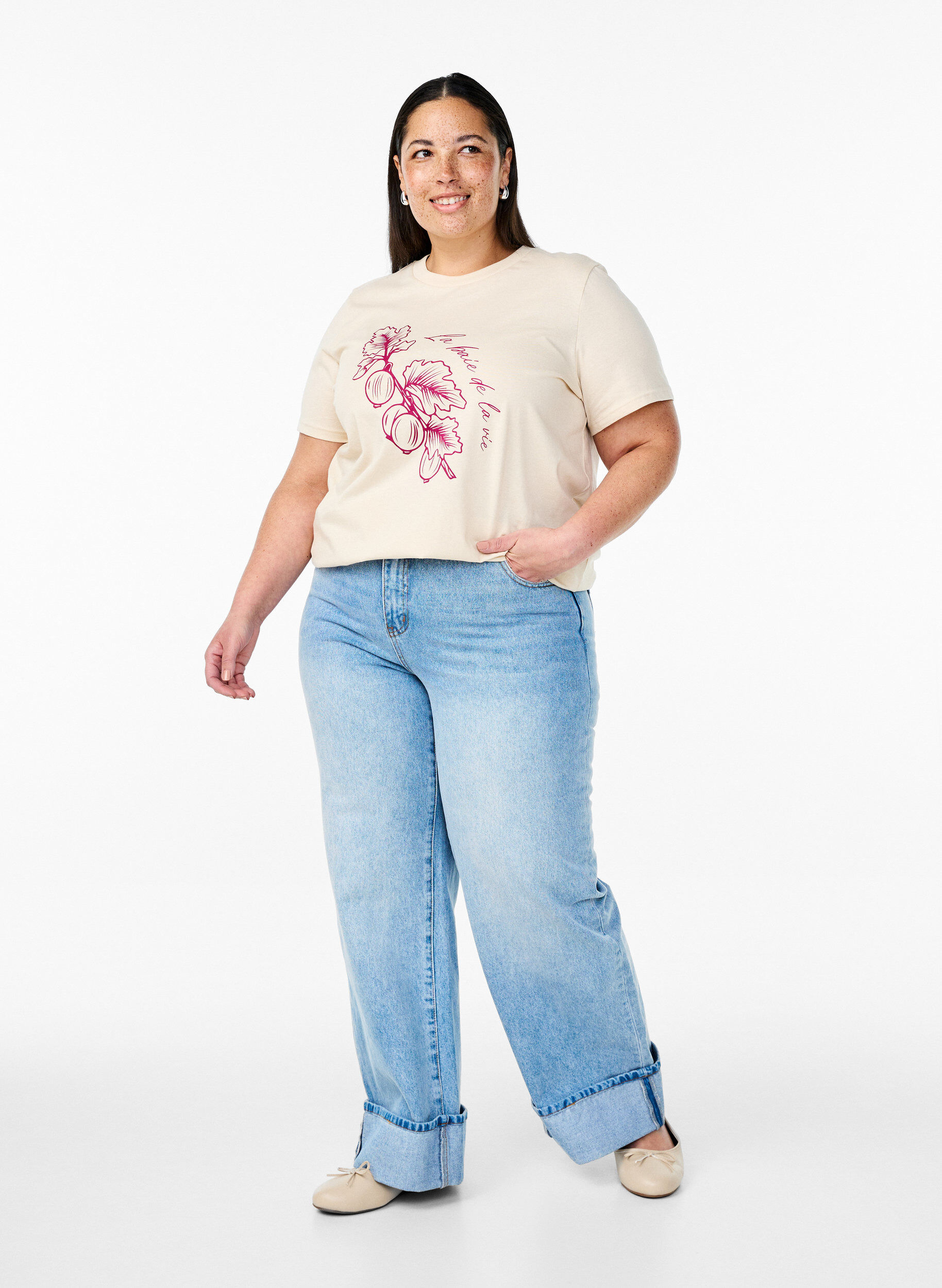 Zizzi Bawelniana koszulka z nadrukiem, Beżowy, Model image number 1