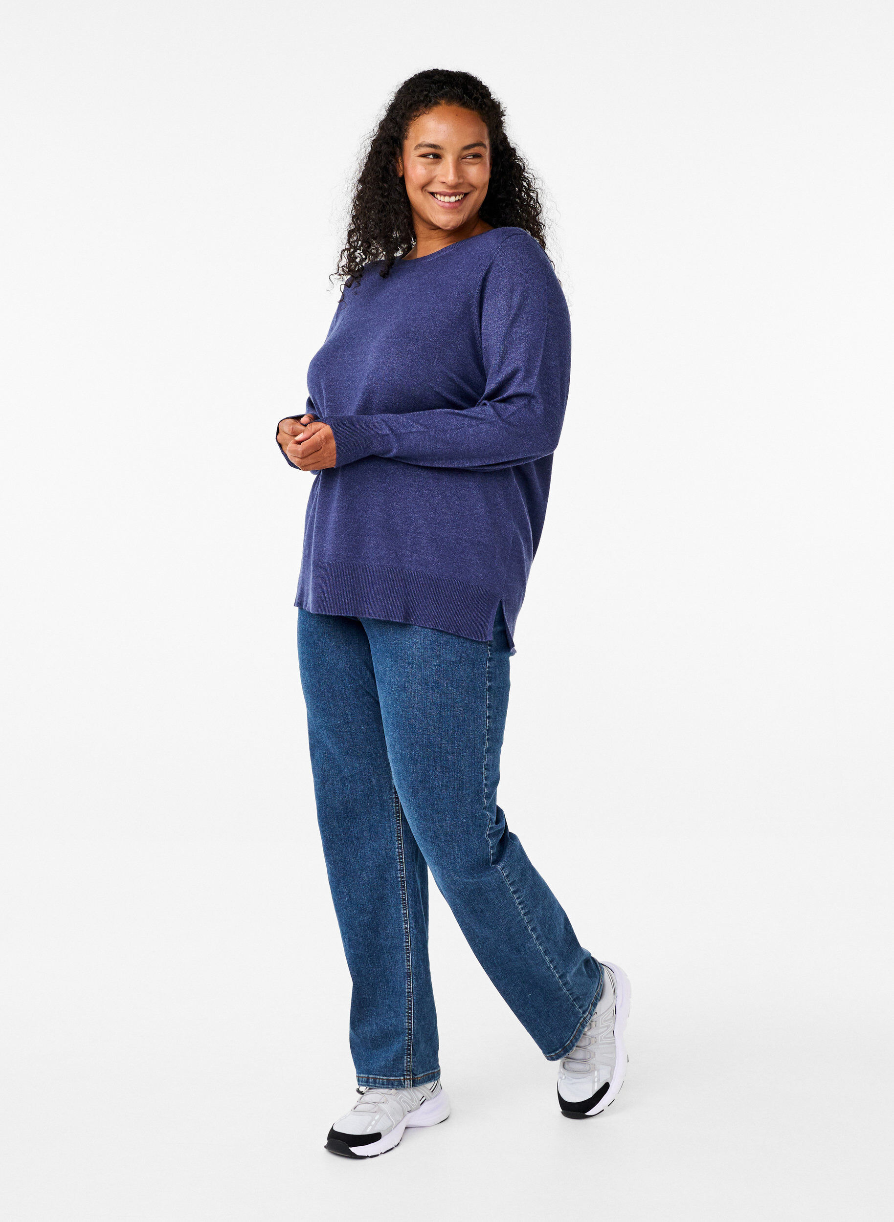 Zizzi Dzianinowa bluzka z dlugim rekawem i rozcieciem, Niebieskie, Model image number 1