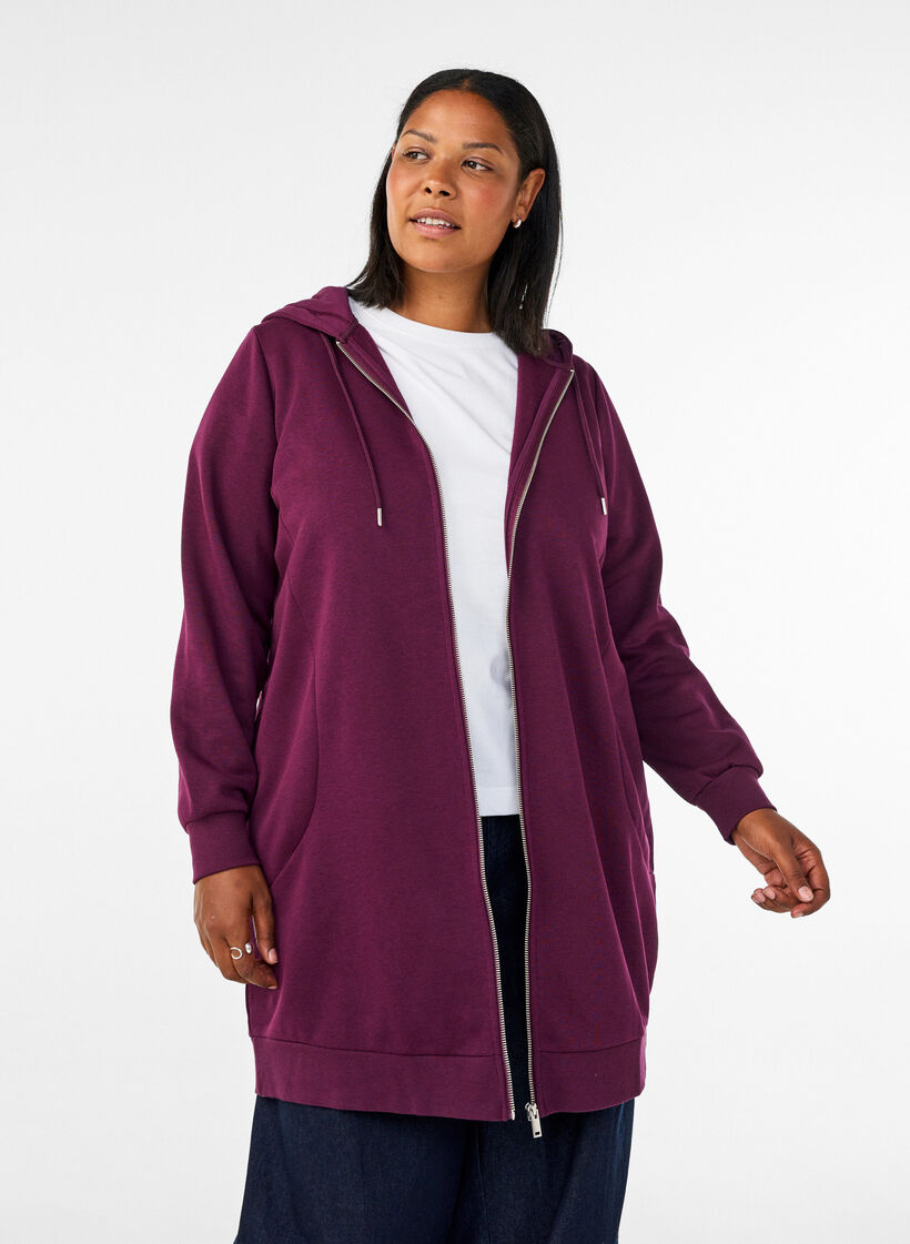 Dluga bluza z kapturem, zamkiem blyskawicznym i kieszeniami, Fioletowy, Model image number 0