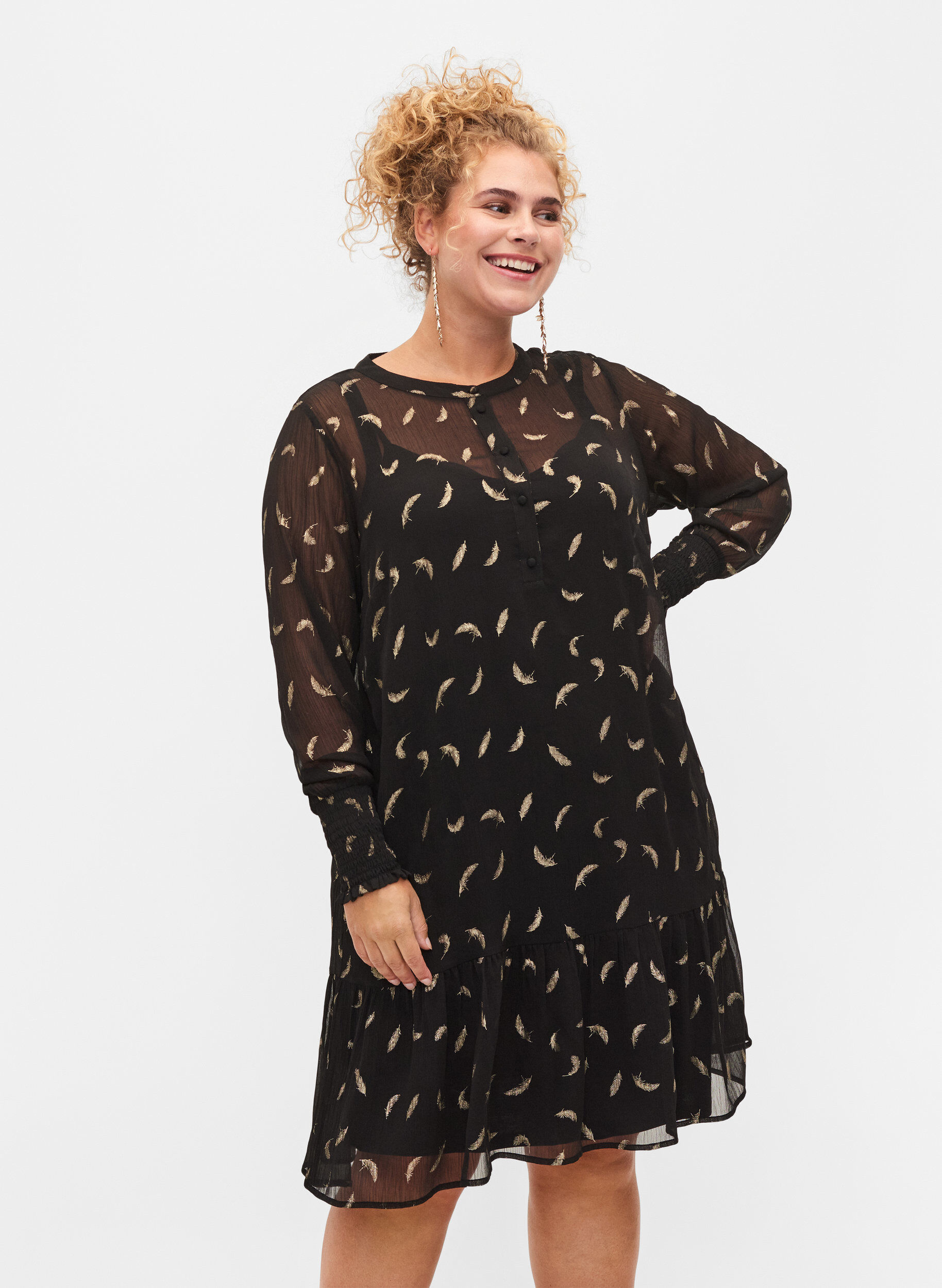 Zizzi Dress with a-shape and smock, Black, Model image number 0