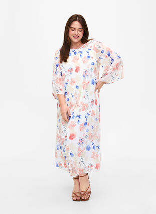 Kwiecista plisowana sukienka ze sznurkiem, White/Blue Floral, Model image number 0
