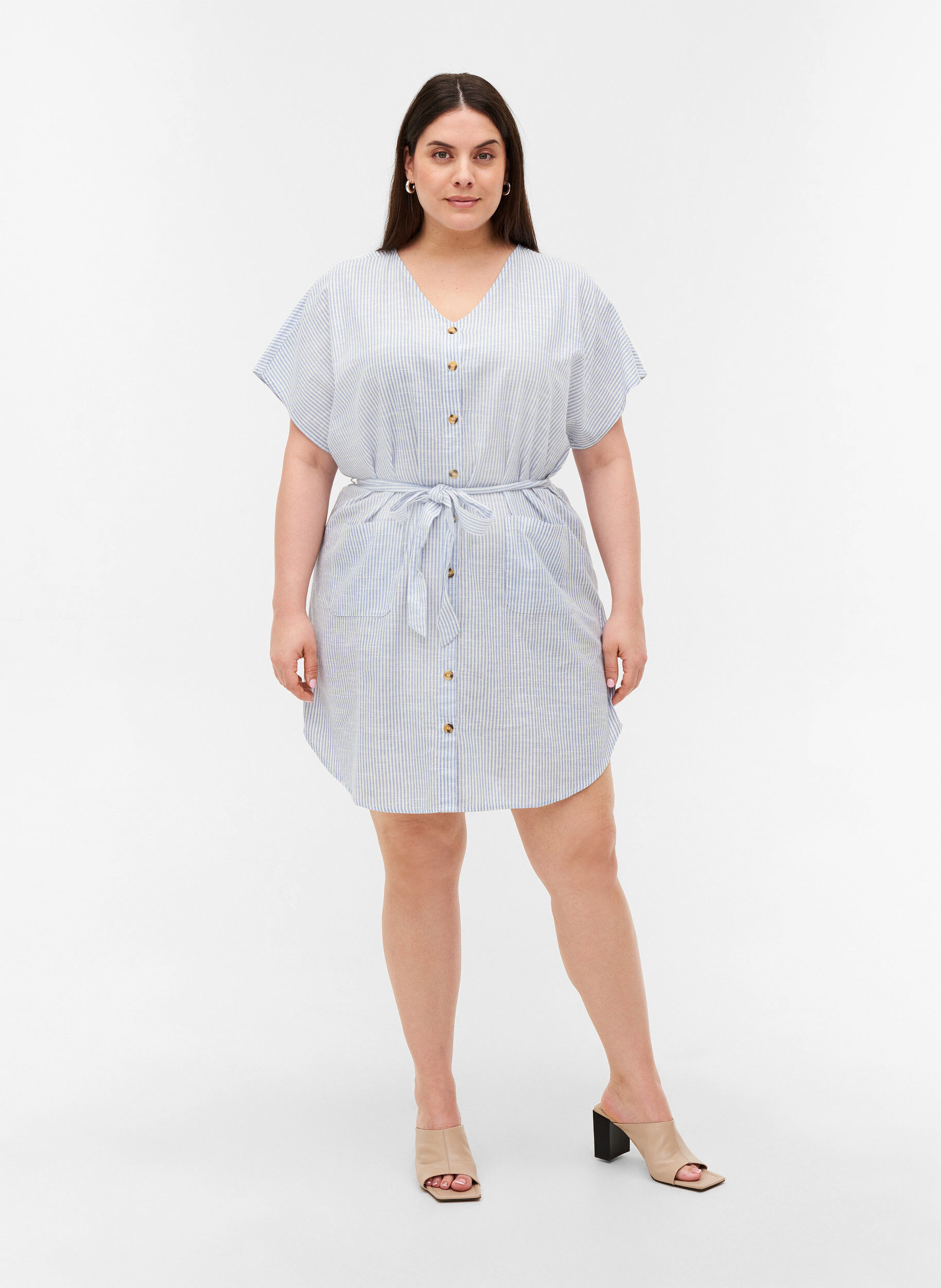 Zizzi Striped shirt dress in cotton with pockets, Country Blue Stripe, Model image number 2