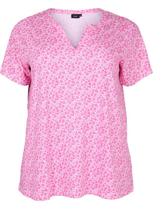 Bawelniana koszulka w kwiaty z dekoltem w serek, Shocking Pink AOP, Packshot image number 0