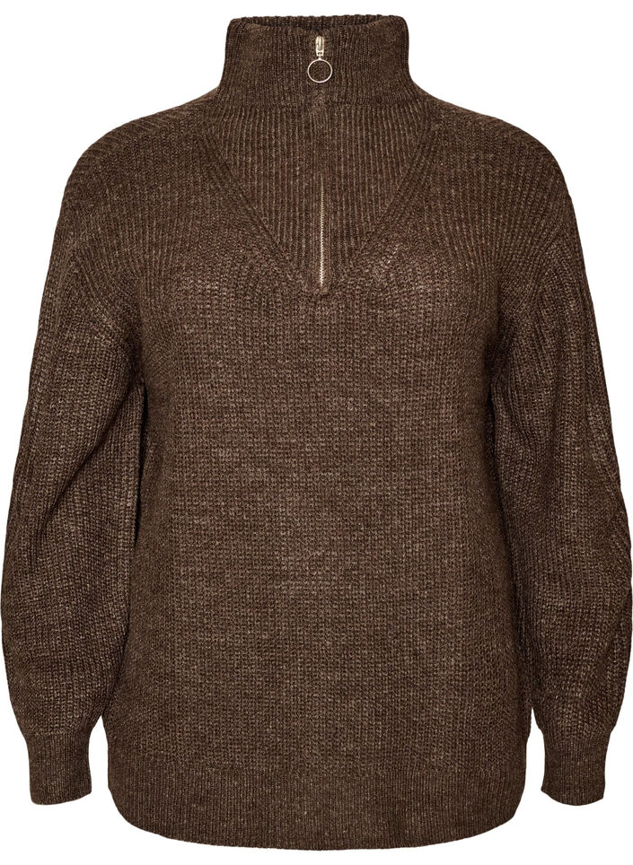 Sweter z wysokim kolnierzem i zamkiem blyskawicznym, Brązowy, Packshot image number 0