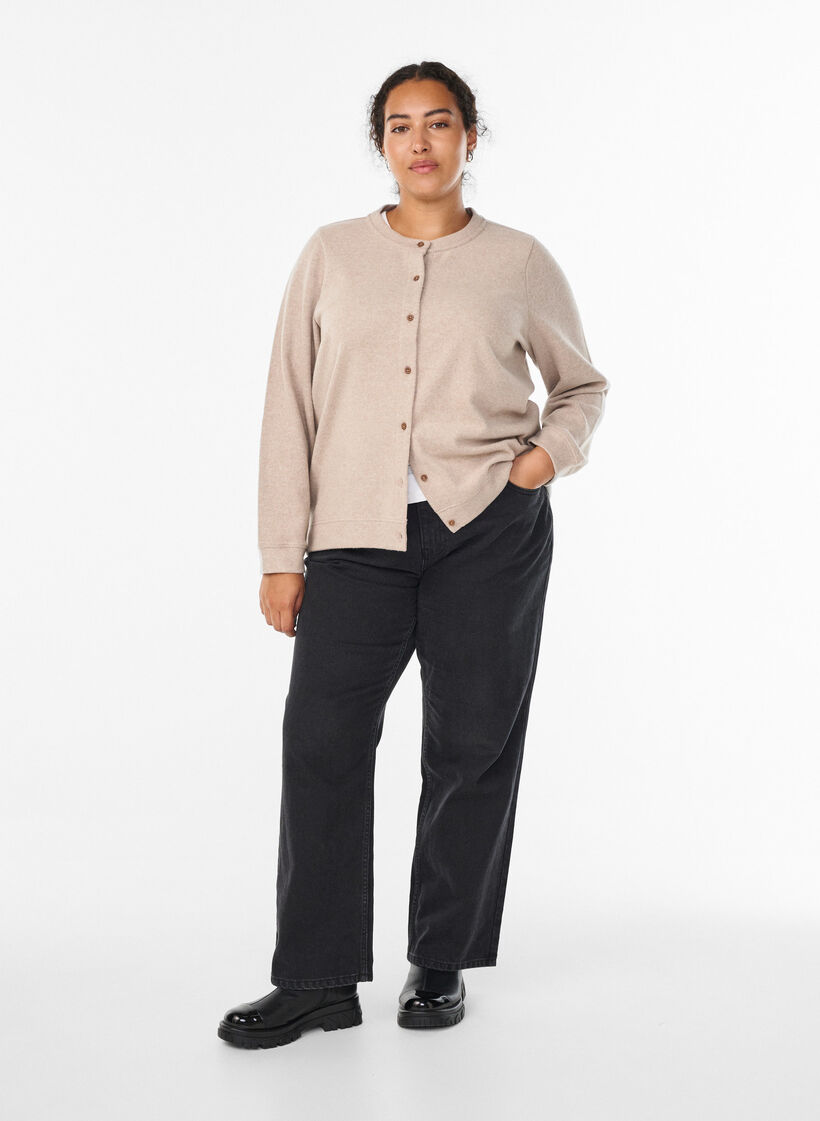 Kardigan z dzianiny z okraglym dekoltem i guzikami, Beżowy, Model image number 1