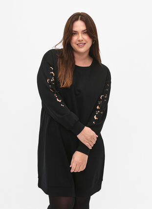 Sukienka dresowa z haftowanymi detalami, Black, Model image number 0