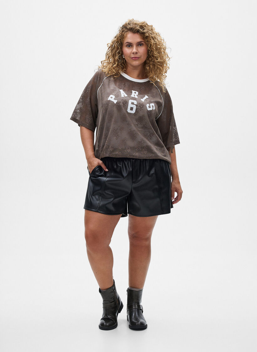 Koronkowa koszulka z nadrukiem tekstowym, Brązowy, Model image number 1