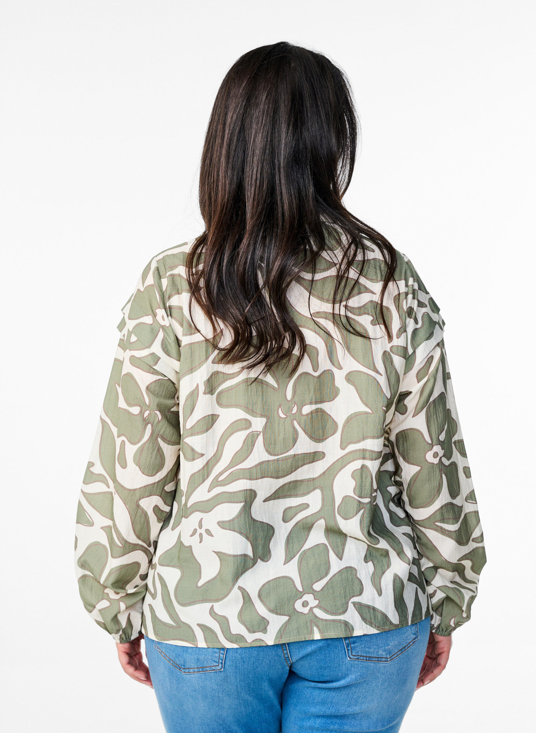 Zizzi Bluzka koszulowa z nadrukiem i falbankami, Zielony, Model image number 2