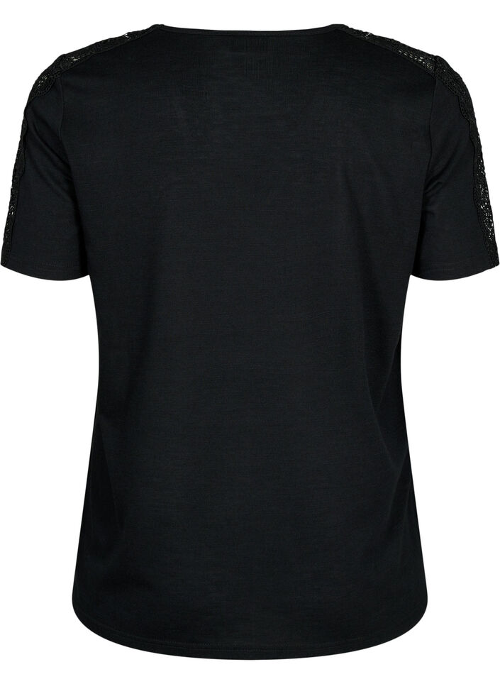 Bluzka z krótkim rekawem z koronka i dekoltem w szpic, Black, Packshot image number 1