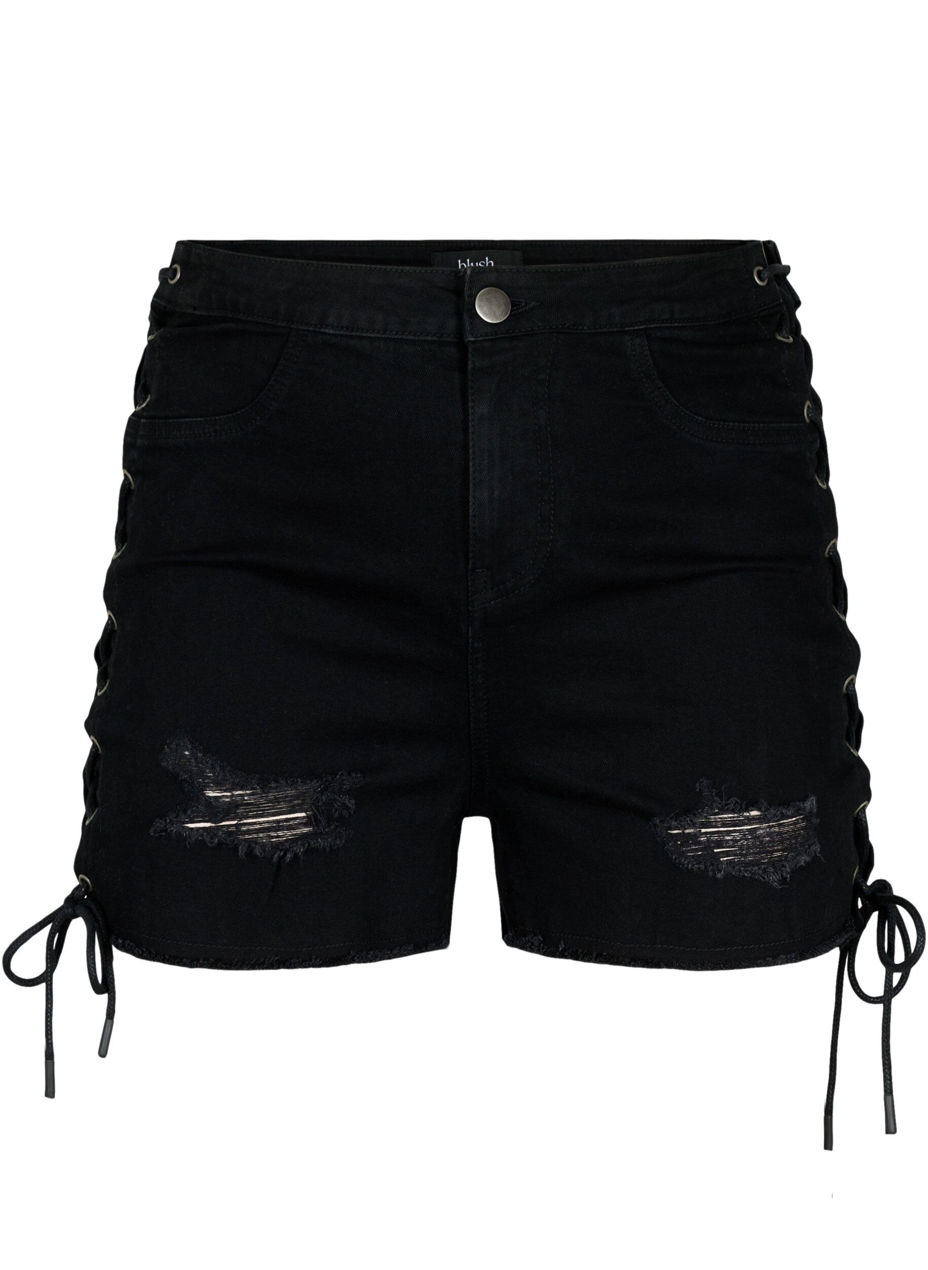 Zizzi Podarte szorty jeansowe ze sznurkiem w pasie, Black Denim, Packshot image number 0