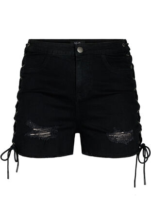 Podarte szorty jeansowe ze sznurkiem w pasie, Black Denim, Packshot image number 0