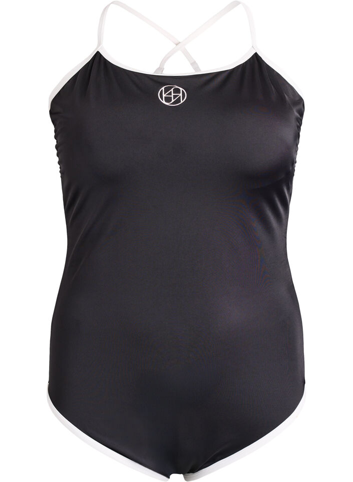 Sportowy kostium kapielowy z lam&oacute;wka i krzyzowanymi ramiaczkami, Czarne, Packshot image number 0