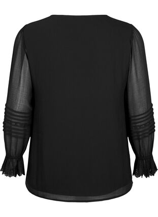 Bluzka z dekoltem w szpic i rekawami z falbanami, Black, Packshot image number 1