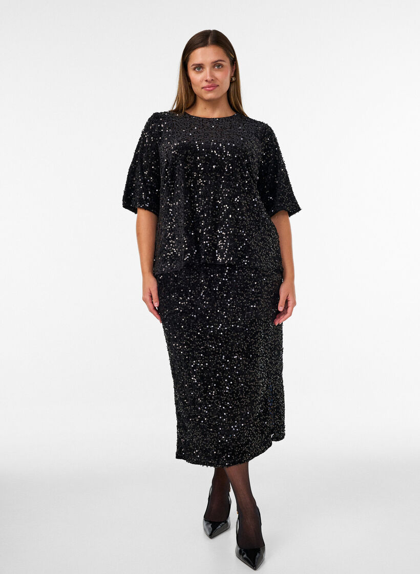 Sp&oacute;dnica midi z cekinami i rozcieciami, Czarne, Model image number 0