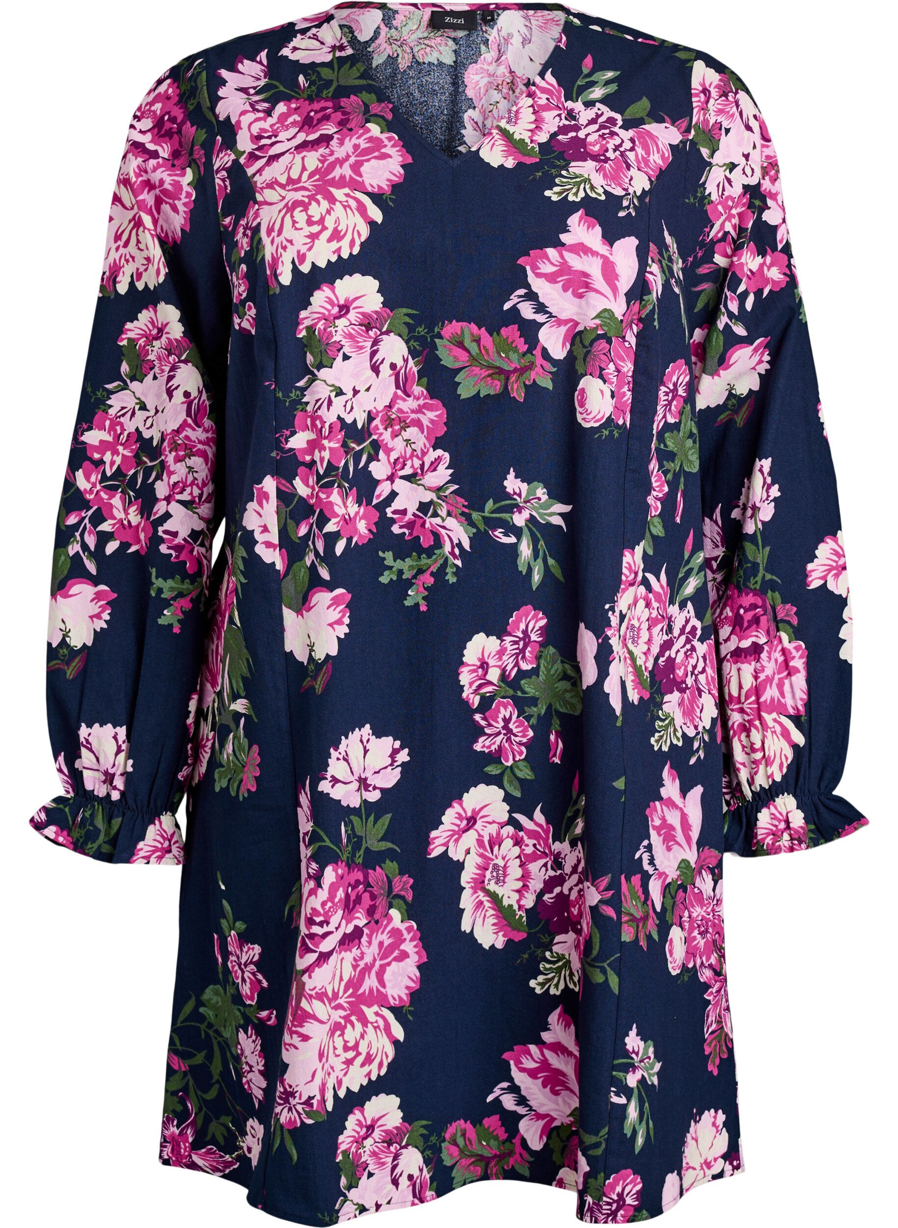 Kr&oacute;tka bawelniana sukienka z dekoltem w szpic i dlugimi rekawami