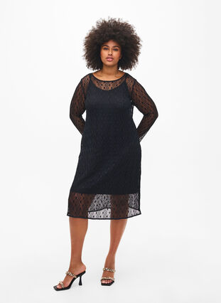 Szydelkowa sukienka z dlugimi rekawami, Black, Model image number 0