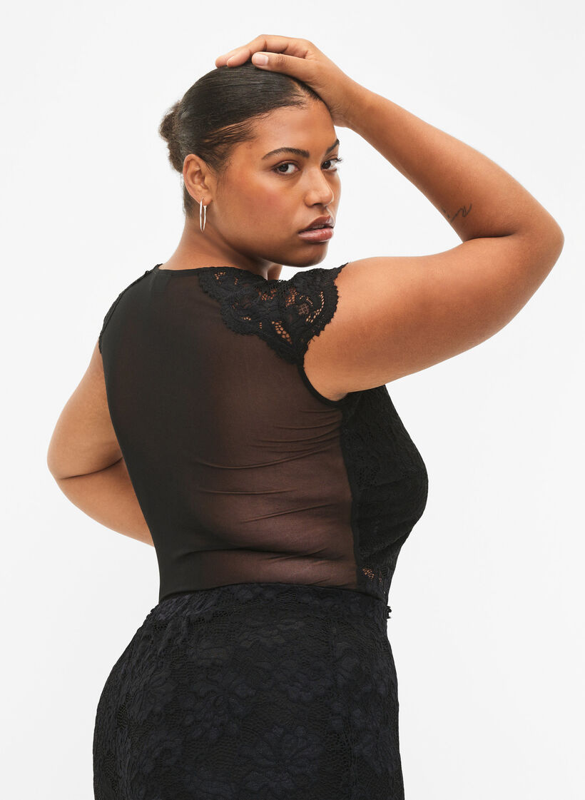 Bodystocking z koronka i dekoltem w szpic, Black, Model image number 1