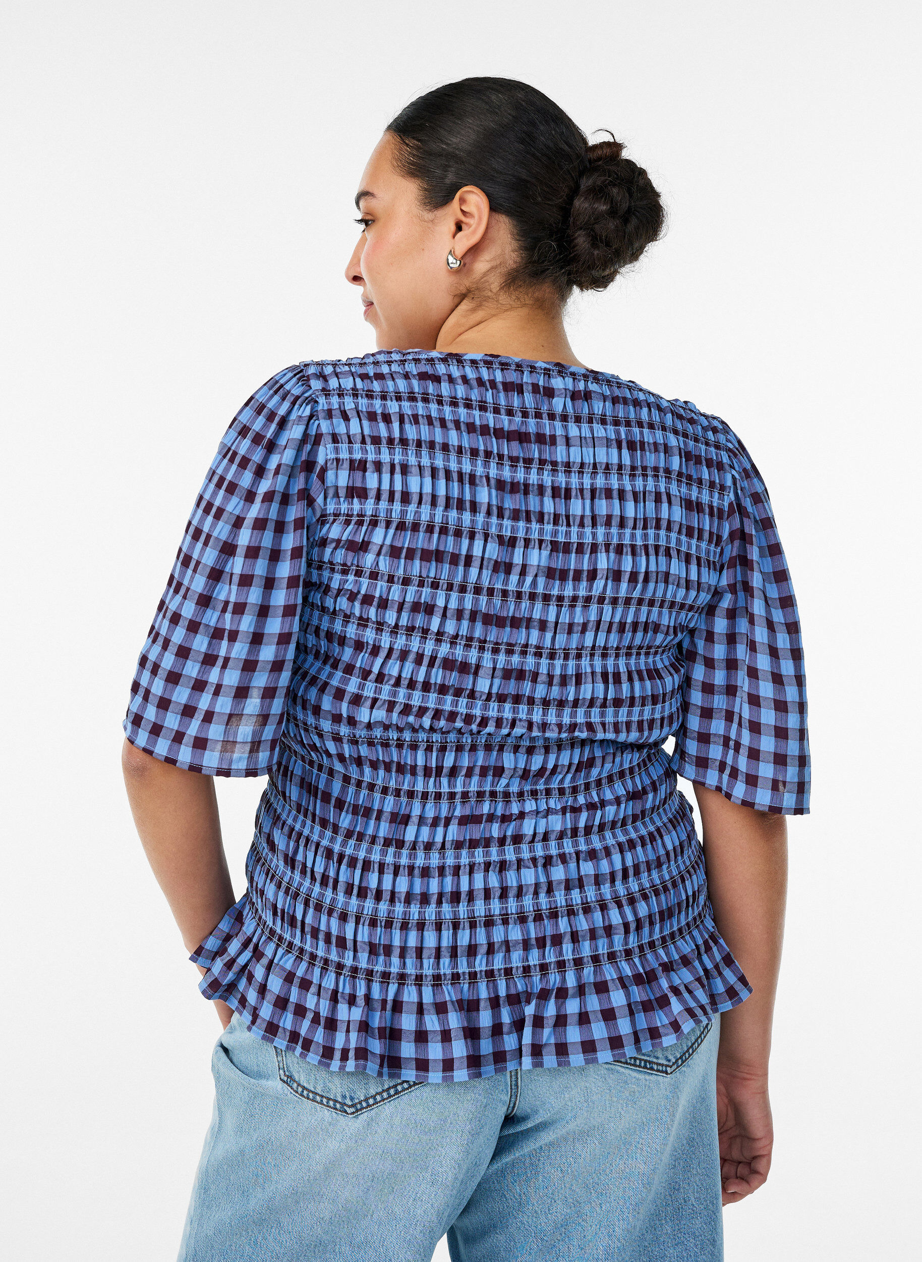 ZizziBluzka w stylu fartuszka z kratka gingham i falbana na dole, Niebieskie, Model image number 2