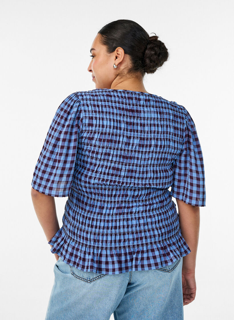 Bluzka w stylu fartuszka z kratka gingham i falbana na dole, Niebieskie, Model image number 2
