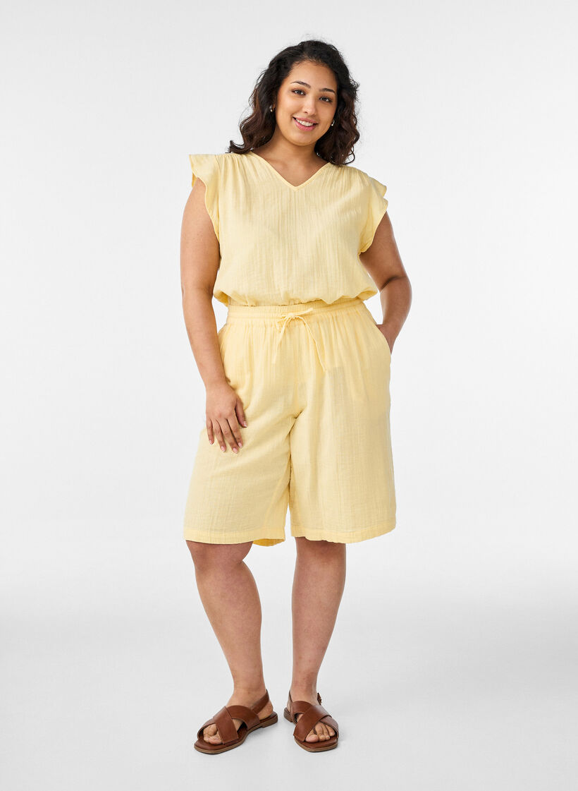 Top bez rekaw&oacute;w z bawelnianego muslinu z falbankami, Ż&oacute;łty, Model image number 1