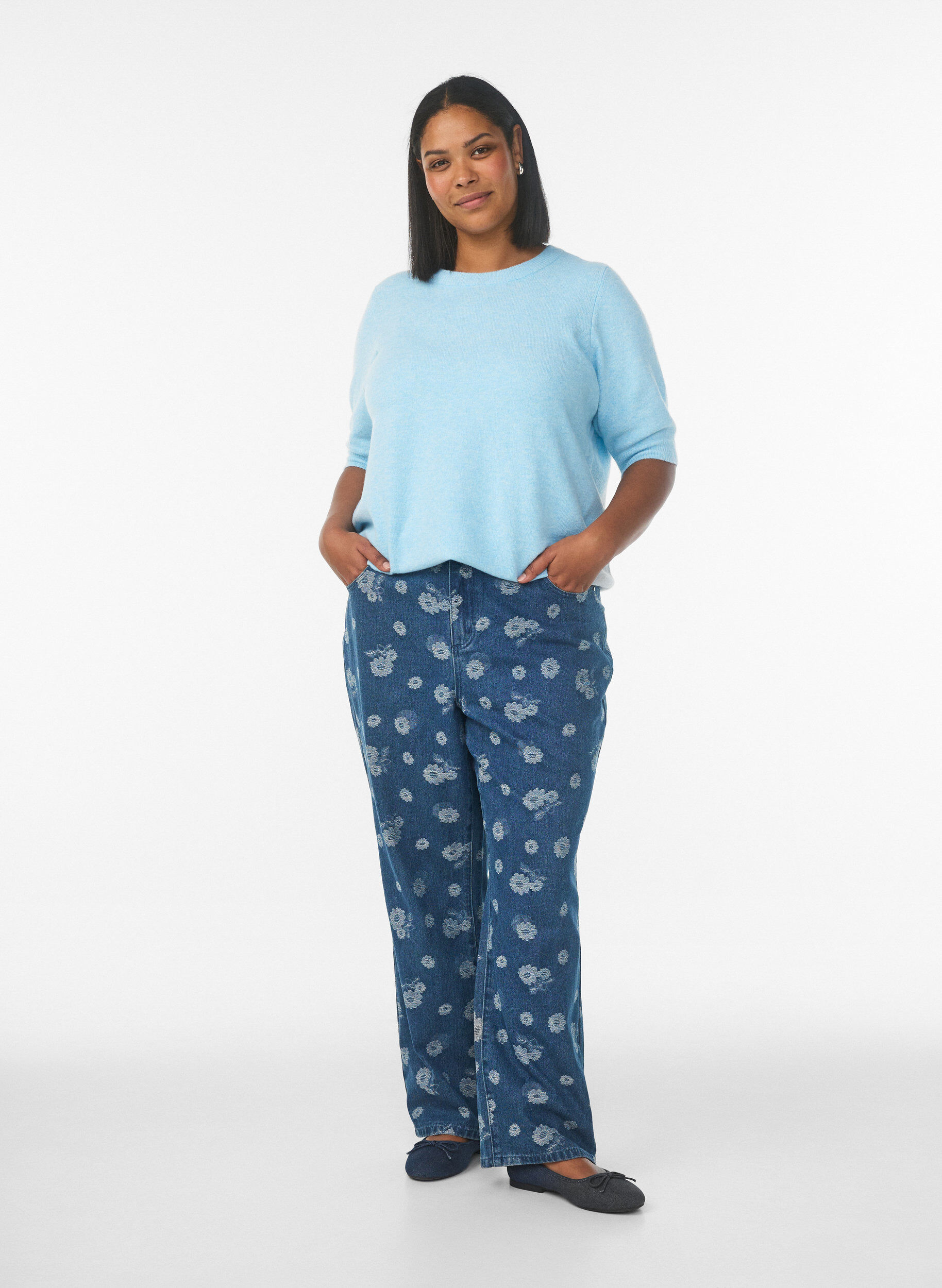 Bluzka dzianinowa z kr&oacute;tkim rekawem, Niebieskie, Model