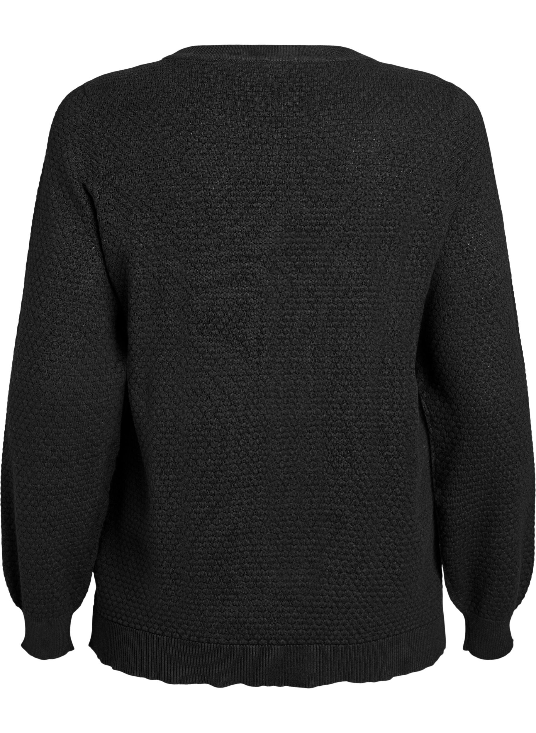 Zizzi Bluzka dzianinowa z bawelny z fakturowanym wzorem, Czarne, Packshot image number 1