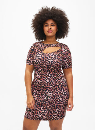 Dopasowana sukienka w panterke z wycieciem, Leopard AOP, Model image number 0