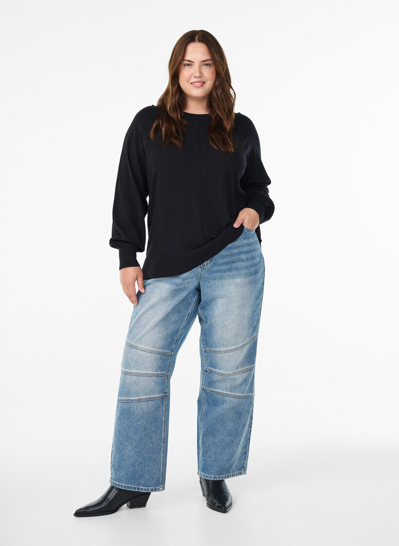 Dzianinowa bluzka ze srodkowym szwem i raglanowymi rekawami, Czarne, Model image number 1