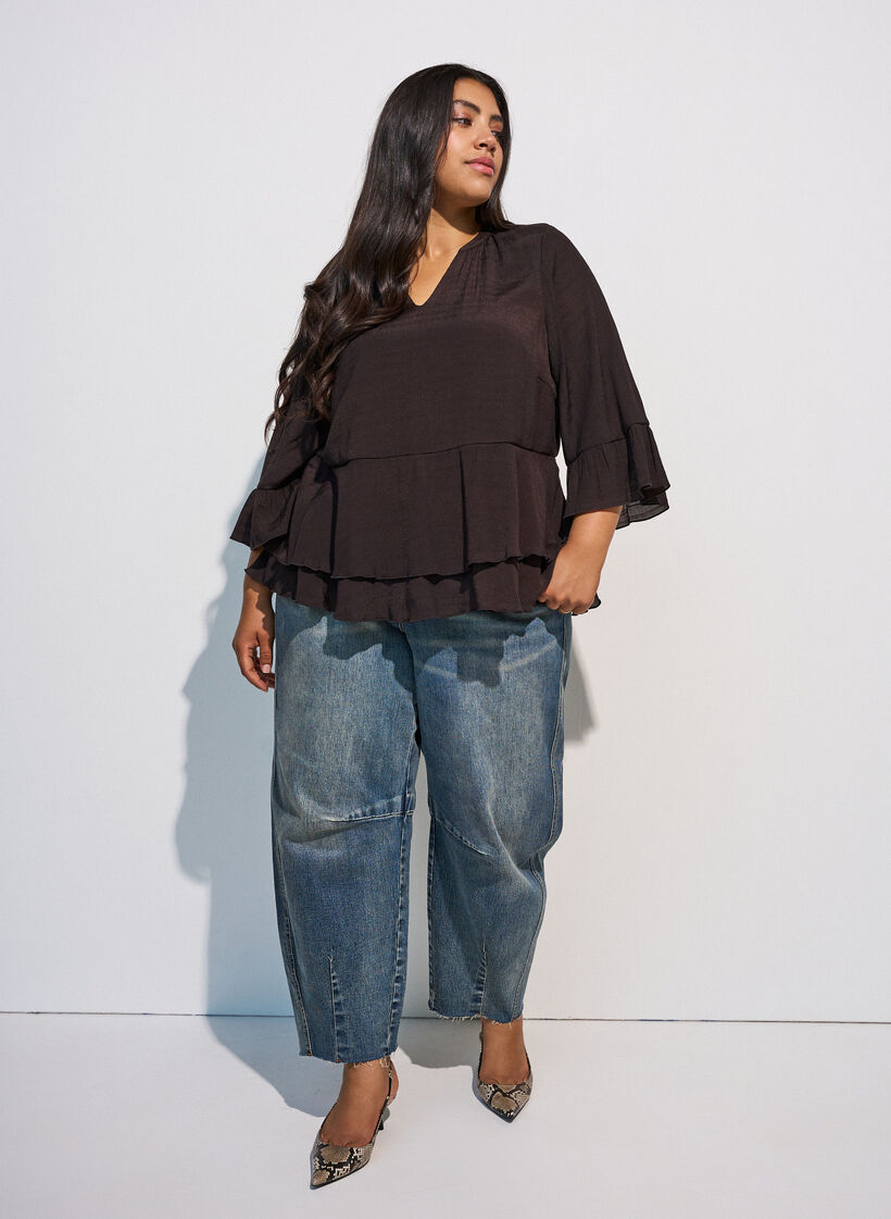 Bluzka z 3/4-sleeves i falbankami, Brązowy, Model image number 1