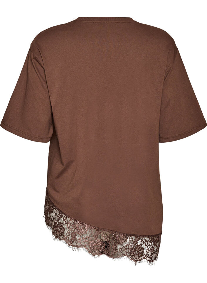 T-shirt z asymetrycznym koronkowym wykonczeniem, Brązowy, Packshot image number 1