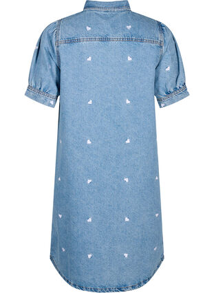 Jeansowa sukienka z haftowanymi sercami, Light blue denim, Packshot image number 1