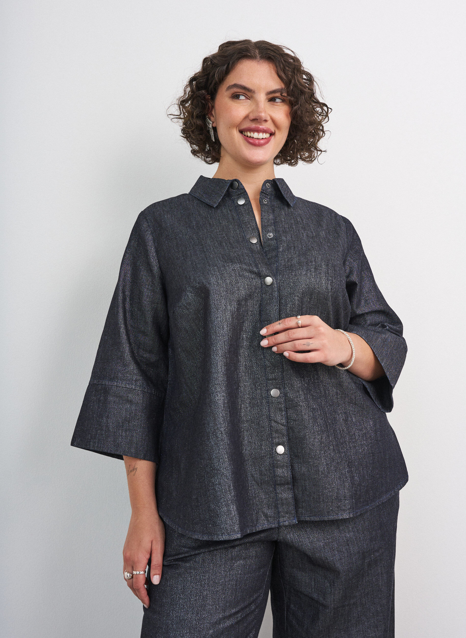 ZizziKoszula z denimu z nitka brokatowa i rekawami 3/4, Ciemnoszary, Model image number 0