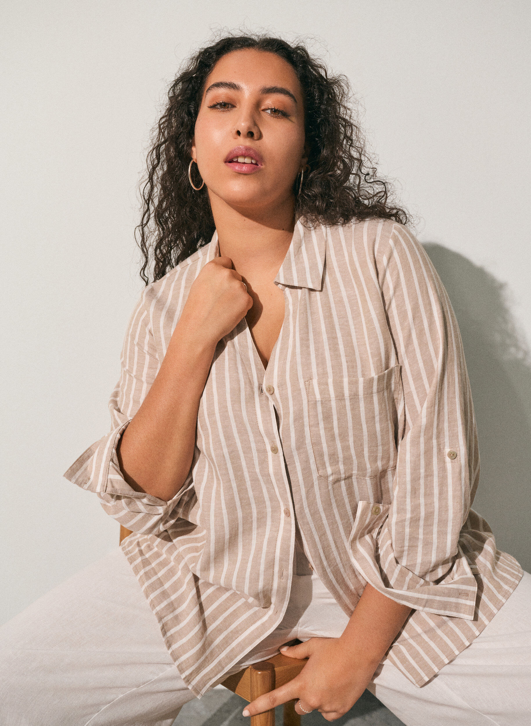 Zizzi Koszula z lnu i wiskozy z rekawami 3/4, Beżowy, Image image number 0