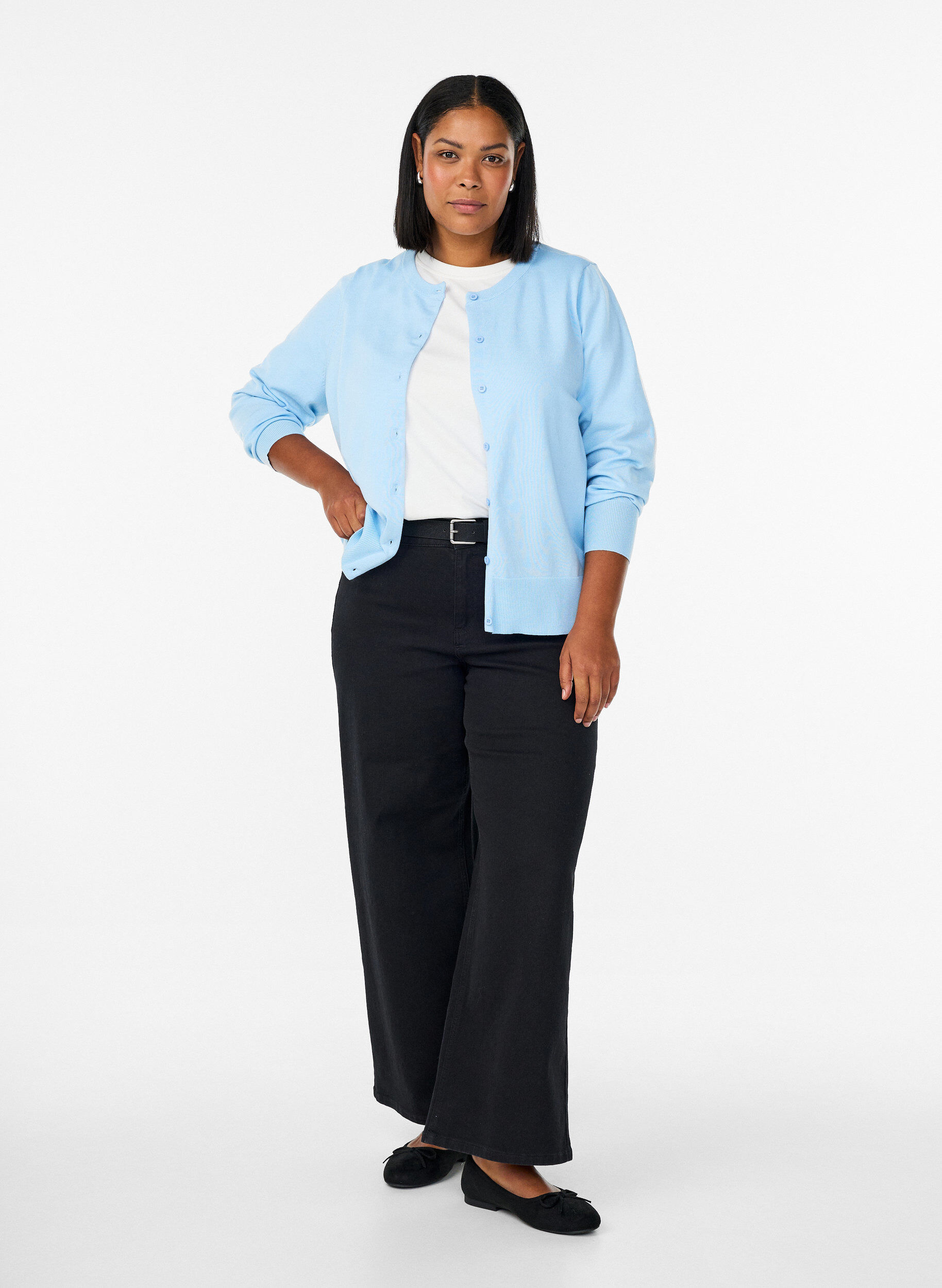 Zizzi Kardigan z drobnym splotem i okraglym dekoltem, Niebieskie, Model image number 1