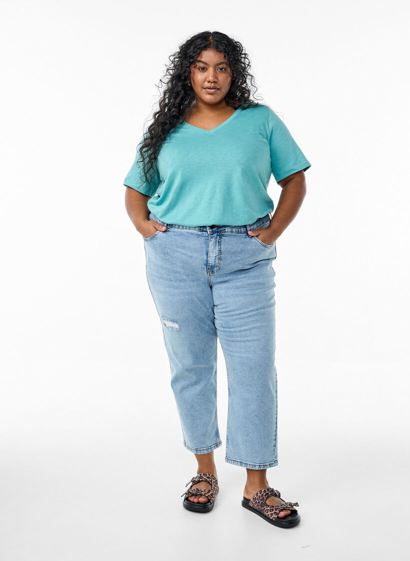 Koszulka basic z krótkim rekawem i dekoltem w szpic, Zielony, Model image number 1