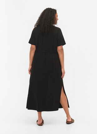 Bawelniana sukienka midi z krótkim rekawem, Black Solid, Model image number 1