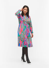 Kopertowa sukienka z nadrukiem i dlugimi rekawami, Colorfull Art Print, Model
